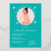 とレトロモダンティール（緑がかった色）スパークル卒業フォイルInvi 箔招待状 (裏面)