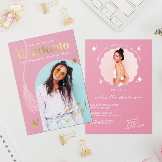 とレトロモダンピンクスパークル卒業 箔招待状