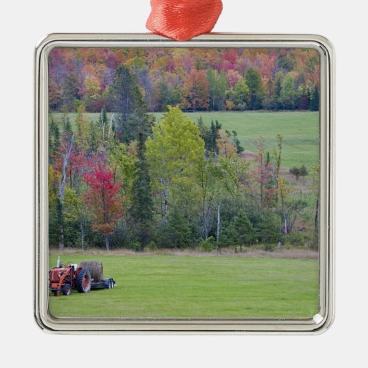 〜と共に緑地に干し草ベールを入れたトラクタ メタルオーナメント (正面)