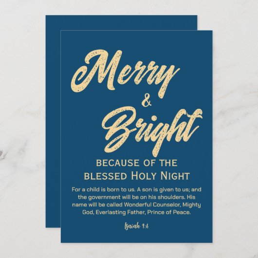 と明るいメリークリスマス金ゴールドベージュスクリプトブルー シーズンカード (正面/裏面)
