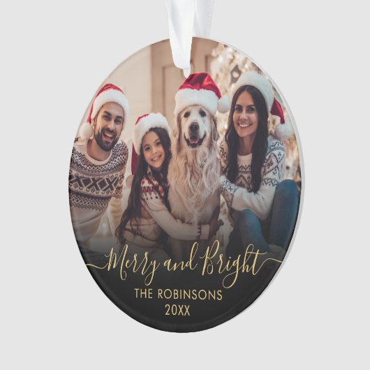 と明るいメリー金ゴールドスクリプト黒写真クリスマス オーナメント (正面)