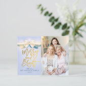 と明メリーるい青の金ゴールドリボンのグリーティングフォト シーズンポストカード (スタンド正面)