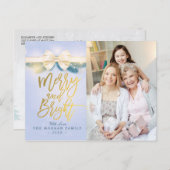 と明メリーるい青の金ゴールドリボンのグリーティングフォト シーズンポストカード (正面/裏面)