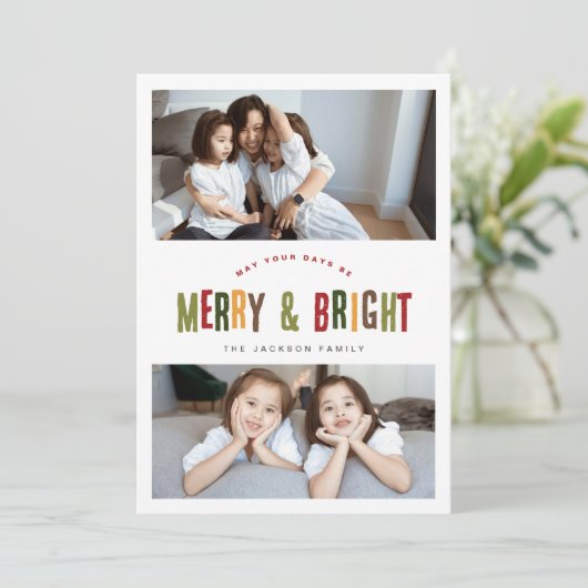 と明メリーるい3枚の写真のおもしろいカラフルクリスマス シーズンカード (スタンド正面)
