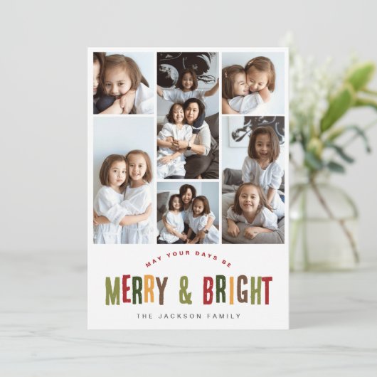 と明メリーるい6枚の写真のおもしろいカラフルクリスマス シーズンカード (スタンド正面)