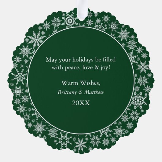 と結婚したのメリー写真の雪の結晶の緑 オーナメントカード (裏面)