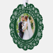 と結婚したのメリー写真の雪の結晶の緑 オーナメントカード (左)