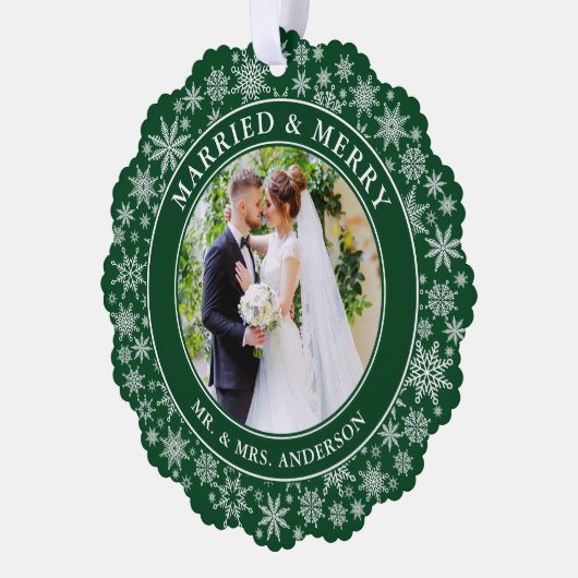 と結婚したのメリー写真の雪の結晶の緑 オーナメントカード (左)