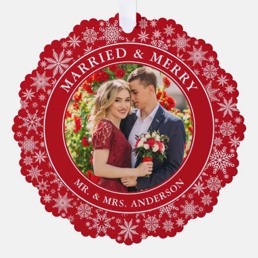 と結婚したのメリー写真の雪の結晶は赤 オーナメントカード (正面)