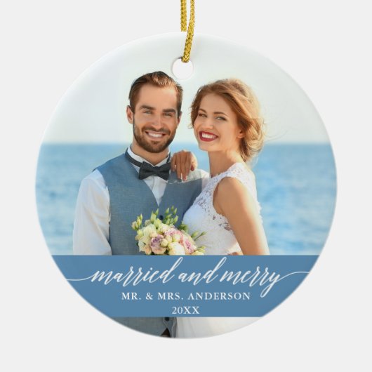 と結婚したの書メリー道のライトブルー セラミックオーナメント (正面)