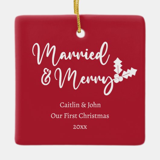 と結婚した初めてのクリスマスメリーが新婚の赤 セラミックオーナメント (正面)