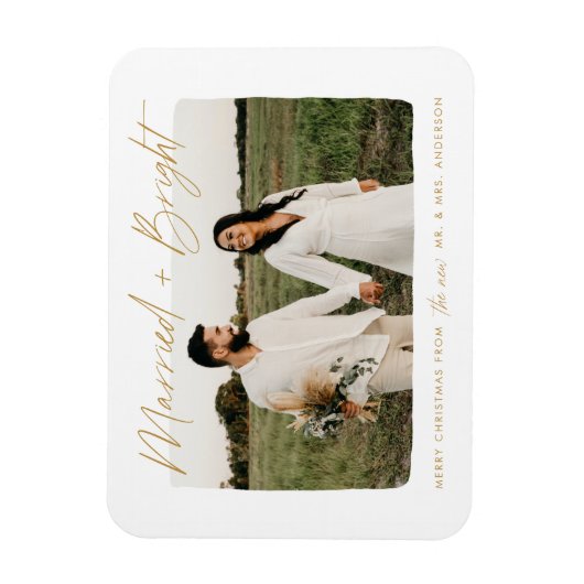 と結婚したBright金ゴールドスクリプト写真 マグネット (縦)