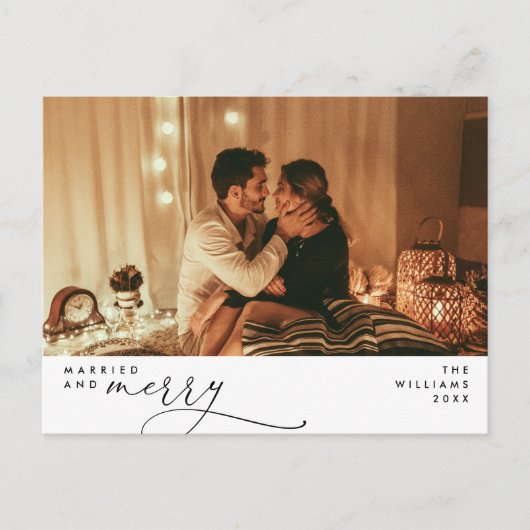 と結婚したBright Scriptモダン Photo Holiday ポストカード (正面)