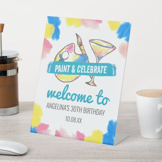 と絵を描Sip Art Birthday Party Welcome Sign 台座サイン (インサイチュ)
