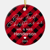 と赤のミセス・初めてのクリスマス セラミックオーナメント (正面)