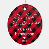 と赤のミセス・初めてのクリスマス セラミックオーナメント (左)