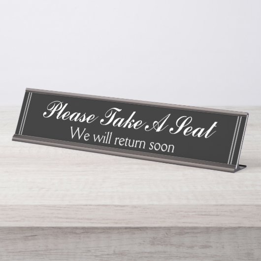 「どうぞお座りください」「すぐ戻ります」 デスクネームプレート (正面)