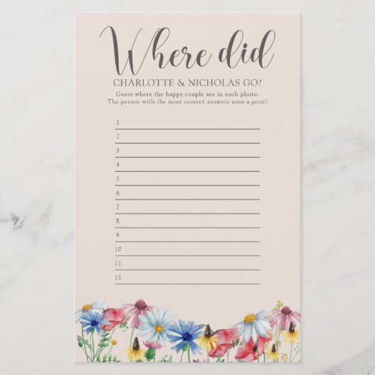 どこに行った?ワイルドフラワーブライダルシャワーゲーム (正面)