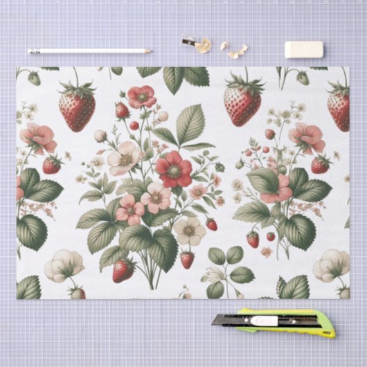 どこまでもスイートなストロベリー＆フラワーパターン 薄葉紙 (クラフト)