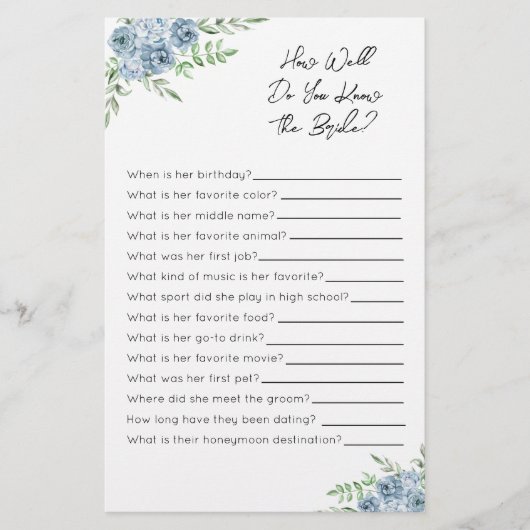 どのように良く花嫁を知っている – ブライダルシャワーゲーム (正面)