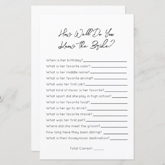 どのように良く花嫁を知っている – ブライダルシャワーゲーム (正面/裏面)