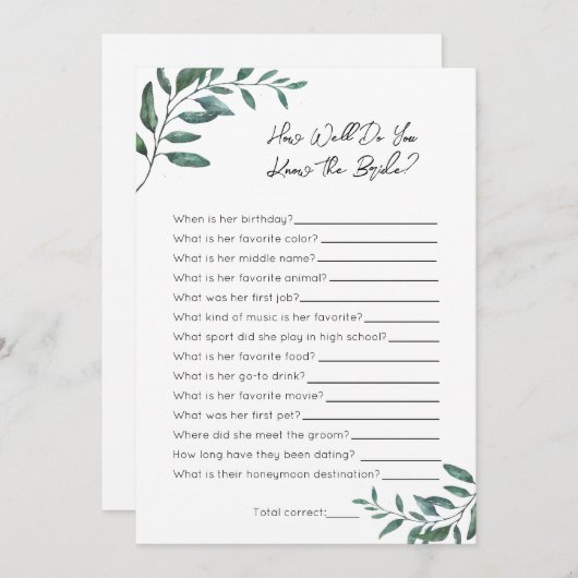 どのように良く花嫁を知っている – ブライダルシャワーゲーム シーズンカード (正面/裏面)