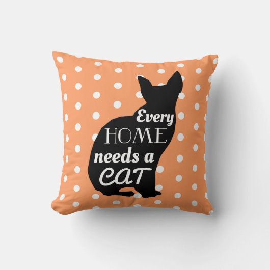 どの家も猫オレンジの水玉模様 クッション (正面)