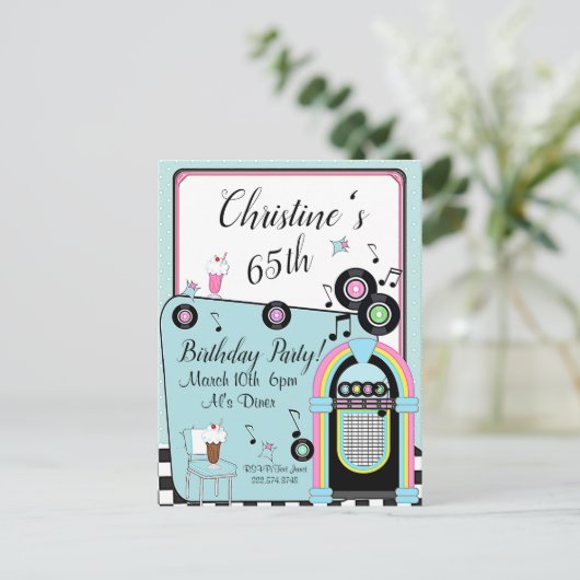 どの年齢でも、1950年代のダイナー誕生日招待状 ポストカード (スタンド正面)