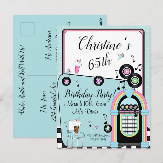 どの年齢にも使える、1950年代のダイナー・誕生日パーティーの招待状 ポストカード (正面/裏面)