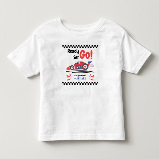 どの年齢の誕生日でも準備完了 レディーセットゴー 赤と青のレーシングカー トドラーTシャツ (正面)