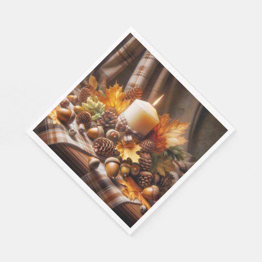 どんぐりとリボンの入った秋のキャンドル スタンダードランチョンナプキン (角)