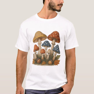 どんぐりと葉の秋のキノコデザイン Tシャツ