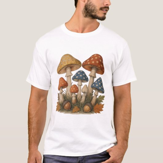 どんぐりと葉の秋のキノコデザイン Tシャツ (正面)