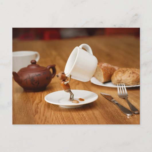 どんぐりの小妖精や小人がコーヒーを飲んでる! ポストカード (正面)