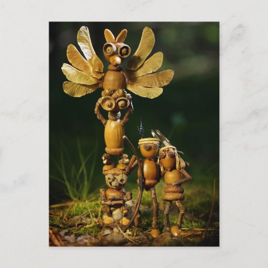 どんぐりの小妖精や小人遊はインディアン。サマーキャンプ ポストカード (正面)