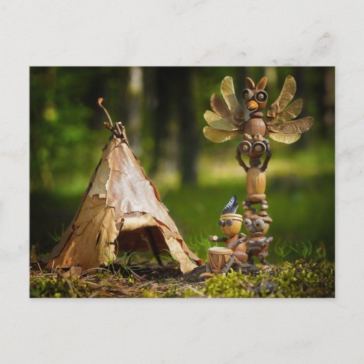 どんぐりの小妖精や小人遊はインディアン。サマーキャンプ ポストカード (正面)