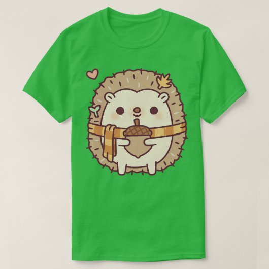 どんぐりの秋を迎えるかわいいハリネズミ Tシャツ (デザイン正面)
