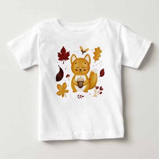 どんぐりを持つかわいい森のリス 水彩画  ベビーTシャツ (正面)