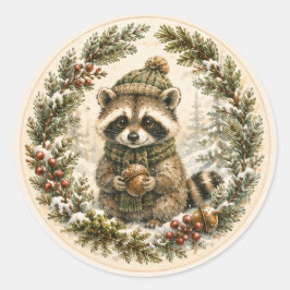 どんぐりを集めるアライグマの冬の森 ラウンドシール