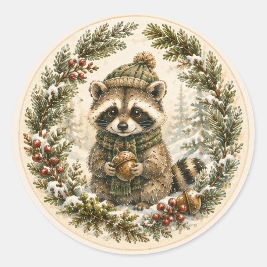 どんぐりを集めるアライグマの冬の森 ラウンドシール (正面)