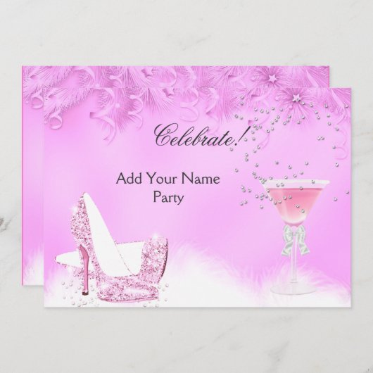 どんなイベントでも使えるピンクのマルガリータ ハイヒール パーティー 招待状 (正面/裏面)