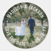 どんなテキストも セーブ・ザ・デート シンプル モダン ウェディング フォト ラウンドシール (正面)