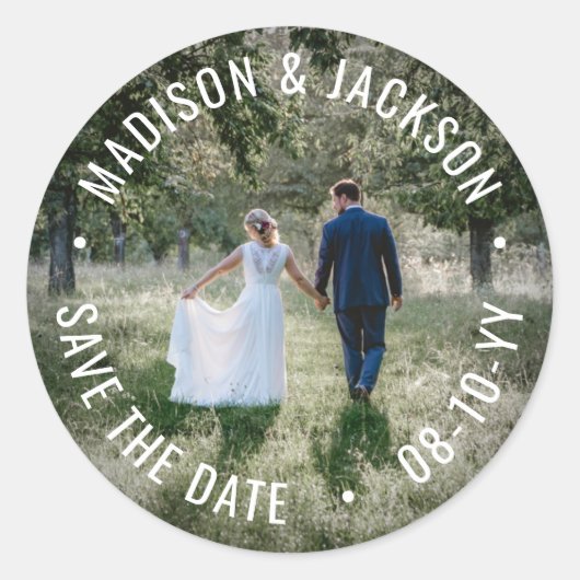 どんなテキストも セーブ・ザ・デート シンプル モダン ウェディング フォト ラウンドシール (正面)