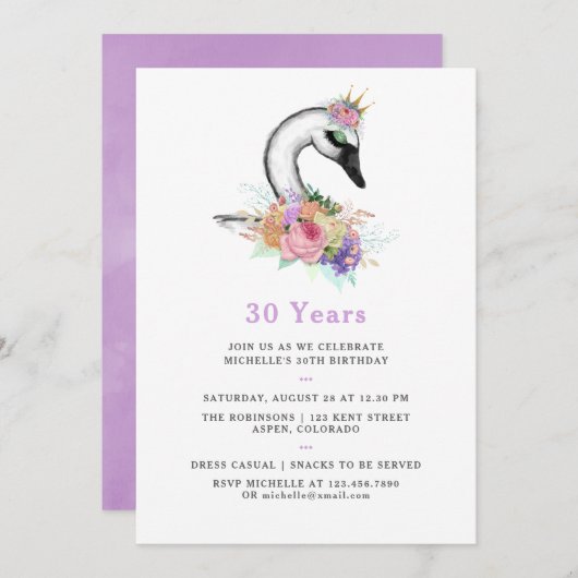 どんな年齢でも楽しめる水彩スワン花の誕生日パーティー 招待状 (正面/裏面)