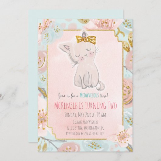 どんな年齢でも - かわいい子猫の花の誕生日招待状 招待状 (正面/裏面)