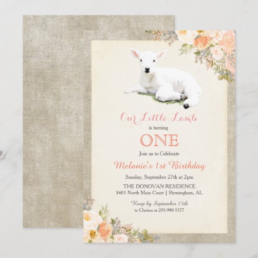 どんな年齢でも - ひつじの赤ちゃんの誕生日招待状 招待状 (正面/裏面)