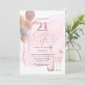 どんな年齢でも、グリッター風船 ピンクのシャンパン 21歳の誕生日 招待状 (スタンド正面)