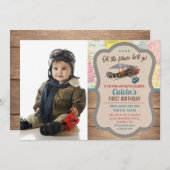 どんな年齢でも - ヴィンテージ飛行機の少年誕生日招待状 招待状 (正面/裏面)