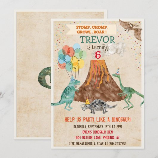 どんな年齢でも - 恐竜 火山 誕生日 招待状 (正面/裏面)