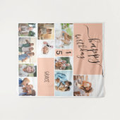 どんな年齢でもOK！10枚の写真を並べた、パーソナライズされたピンクの桃色コラージュ タペストリー (正面(横))